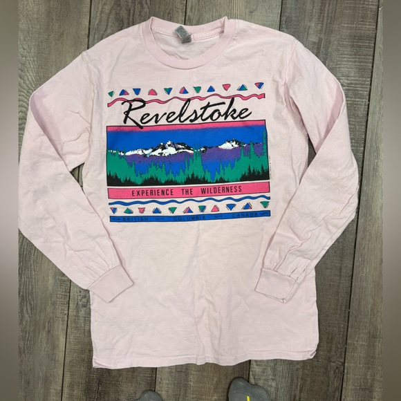 revelstoke Tops - Revelstoke B.C. Long Sleeve Tee - Light Pink with Teal, Purple, Blue Graphic
